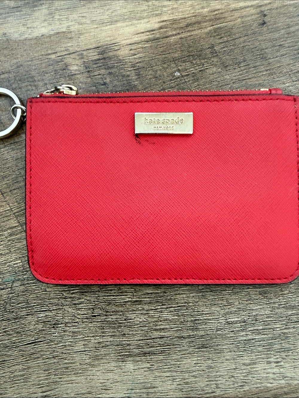 kate spade red zip key pouch with gold plaque